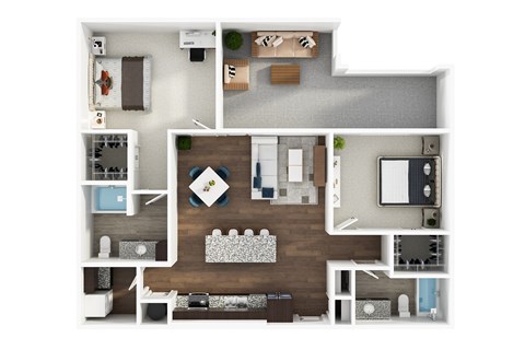 A floor plan of a house with a living room, kitchen, and two bedrooms.